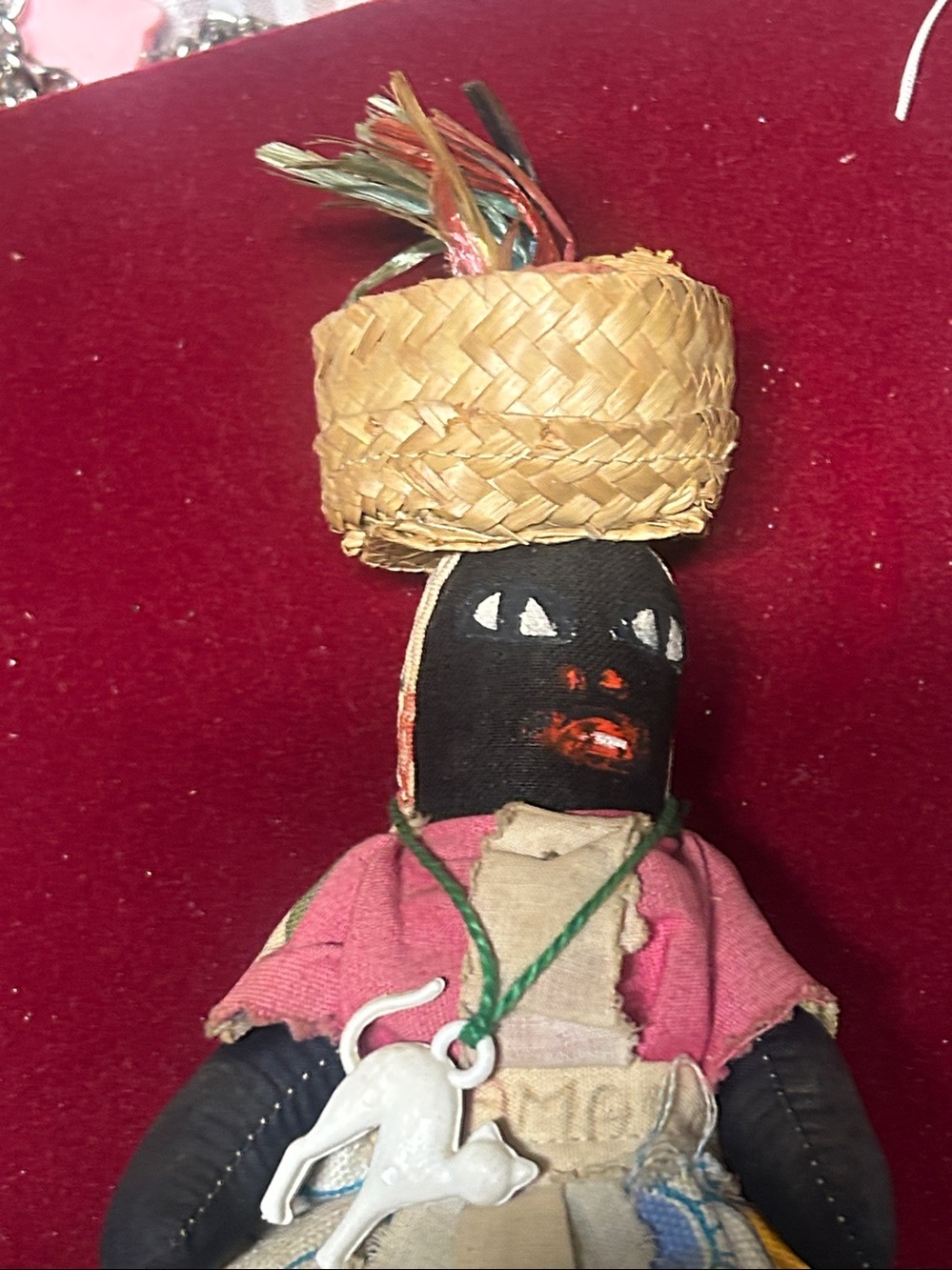 Handmade Red Skirt Folk Doll with Straw Hat - Picture 2 of 5